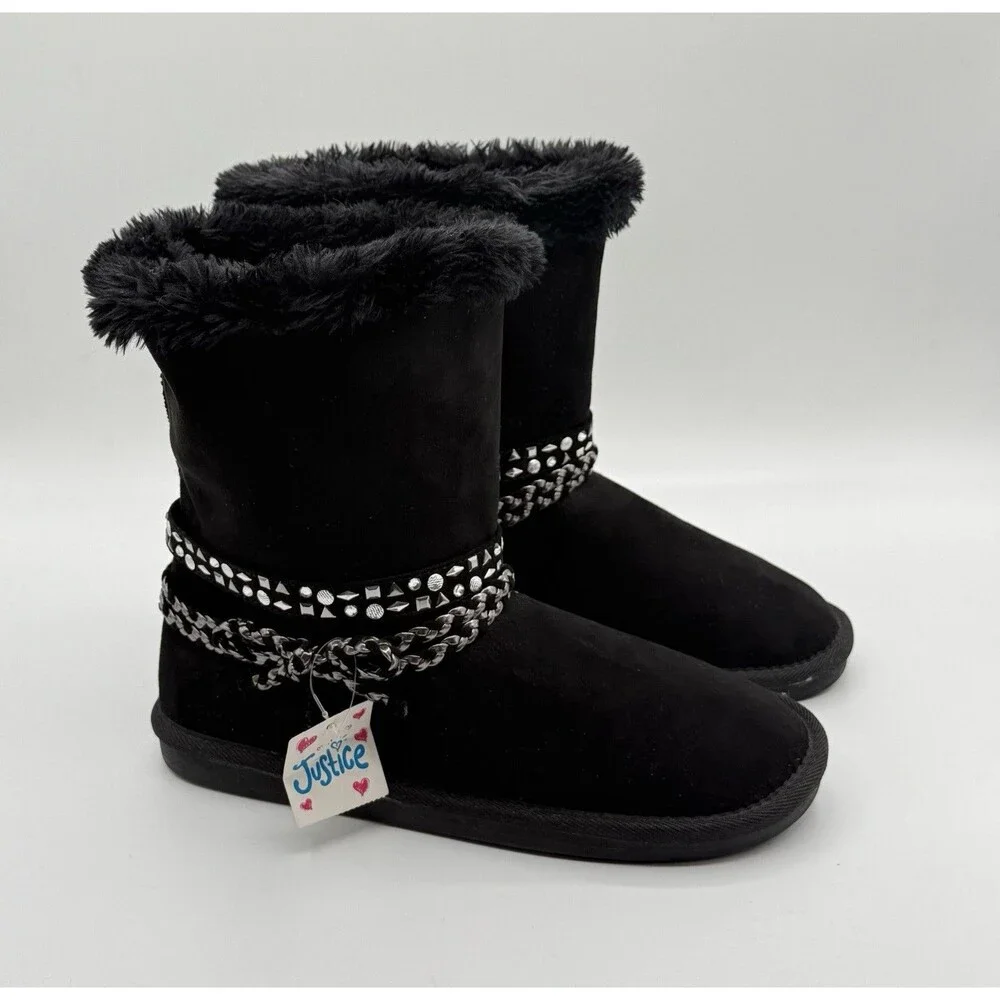 Justice Girls “Ugg” Tassels Fur Lined Boots Y2K Old Stock Black 7 NWT